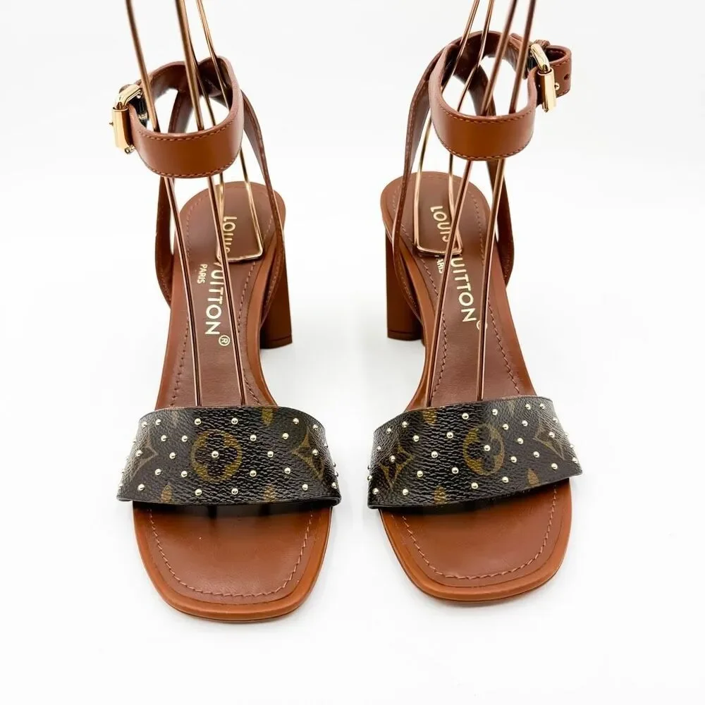Louis Vuitton NEW LV Monogram Studded Block Heel Leather Sandals EU 38 US 8 - Picture 2 of 11